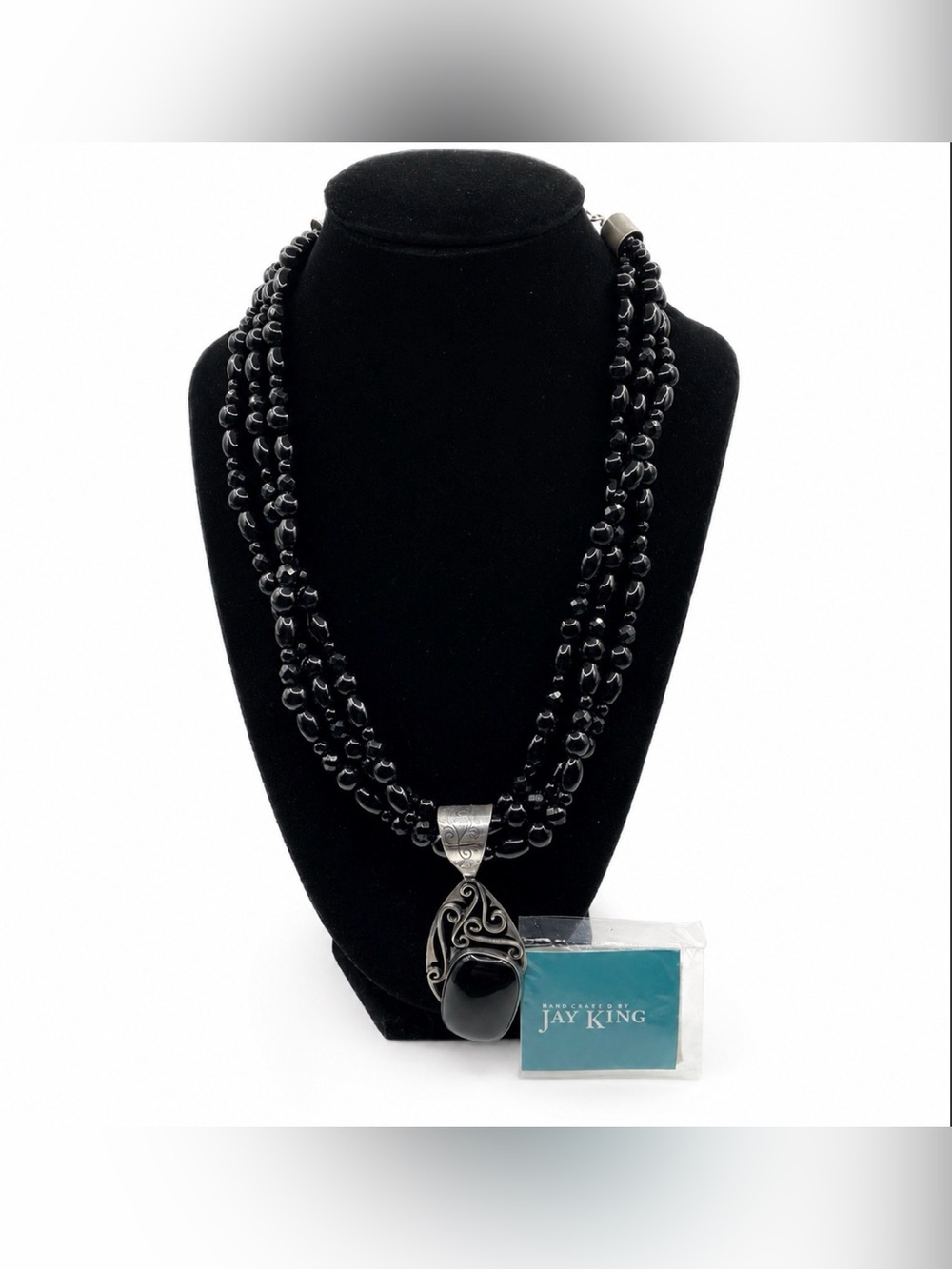 Jay King 925 Triple Strand Onyx and Sterling Silver Statement Necklace
